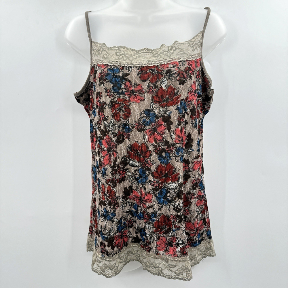 VTG Y2K Double Lace Velvet Burnout Long Tank Top Sz L Multicolor Floral Babydoll